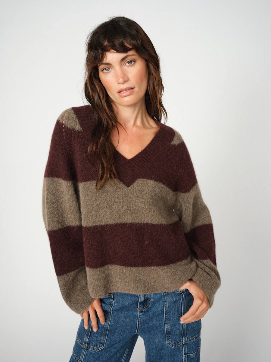 Mos Mosh Taci Stripe V Neck Fudge