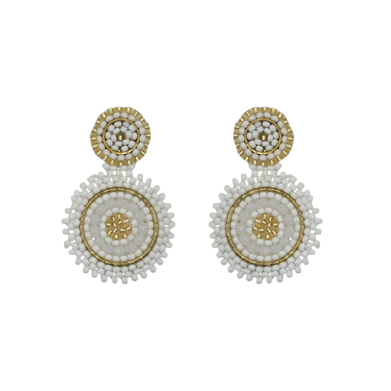Mini White Mix Beaded Circle Earrings