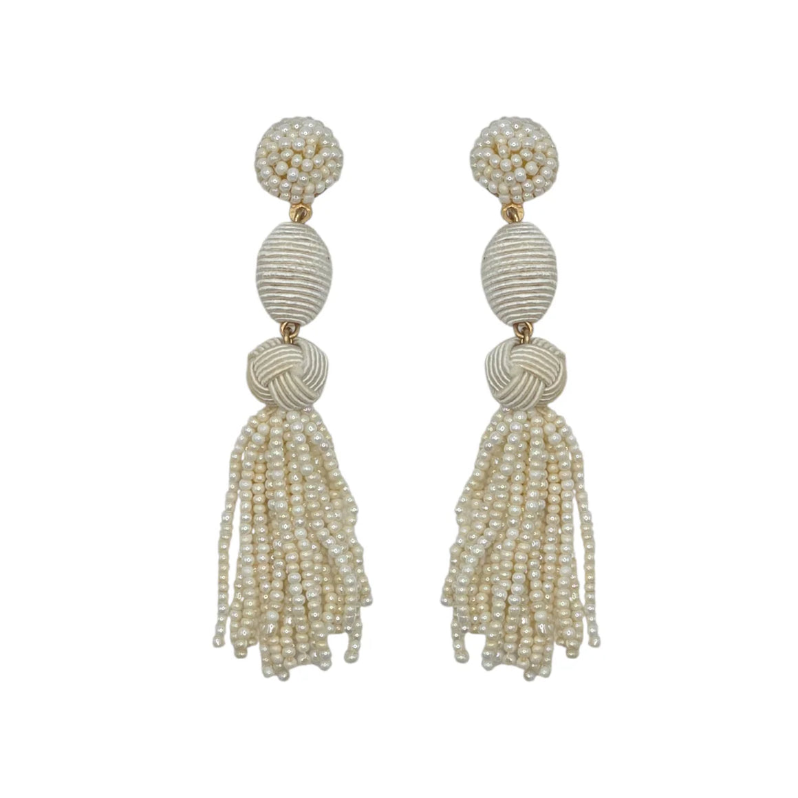 Ivory Woven Ball Tassel Earrings