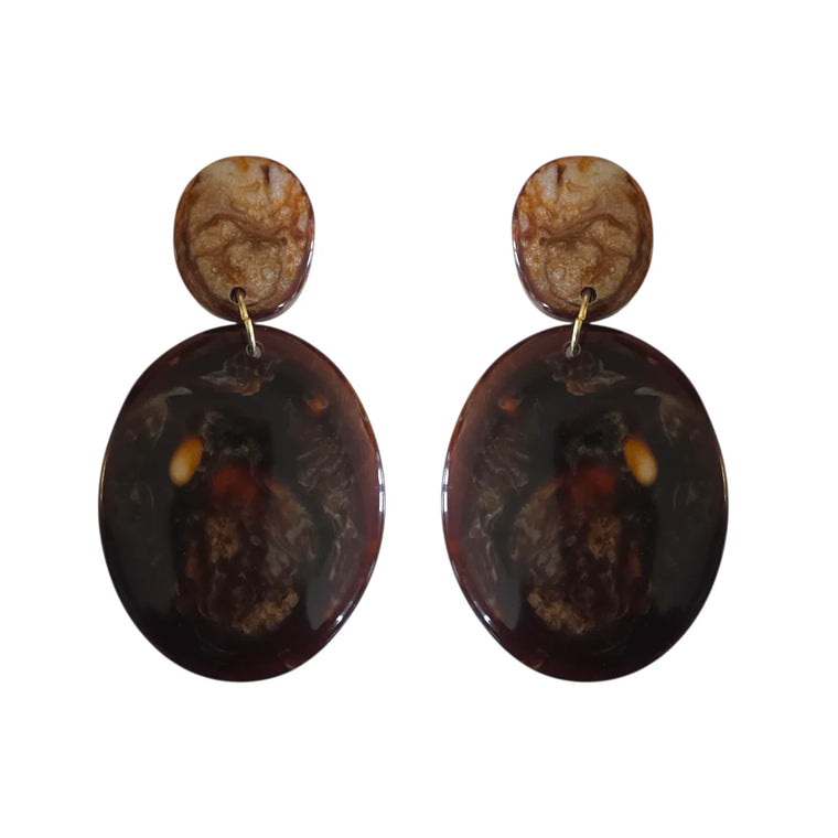 Brown marble resin oval drop earrings