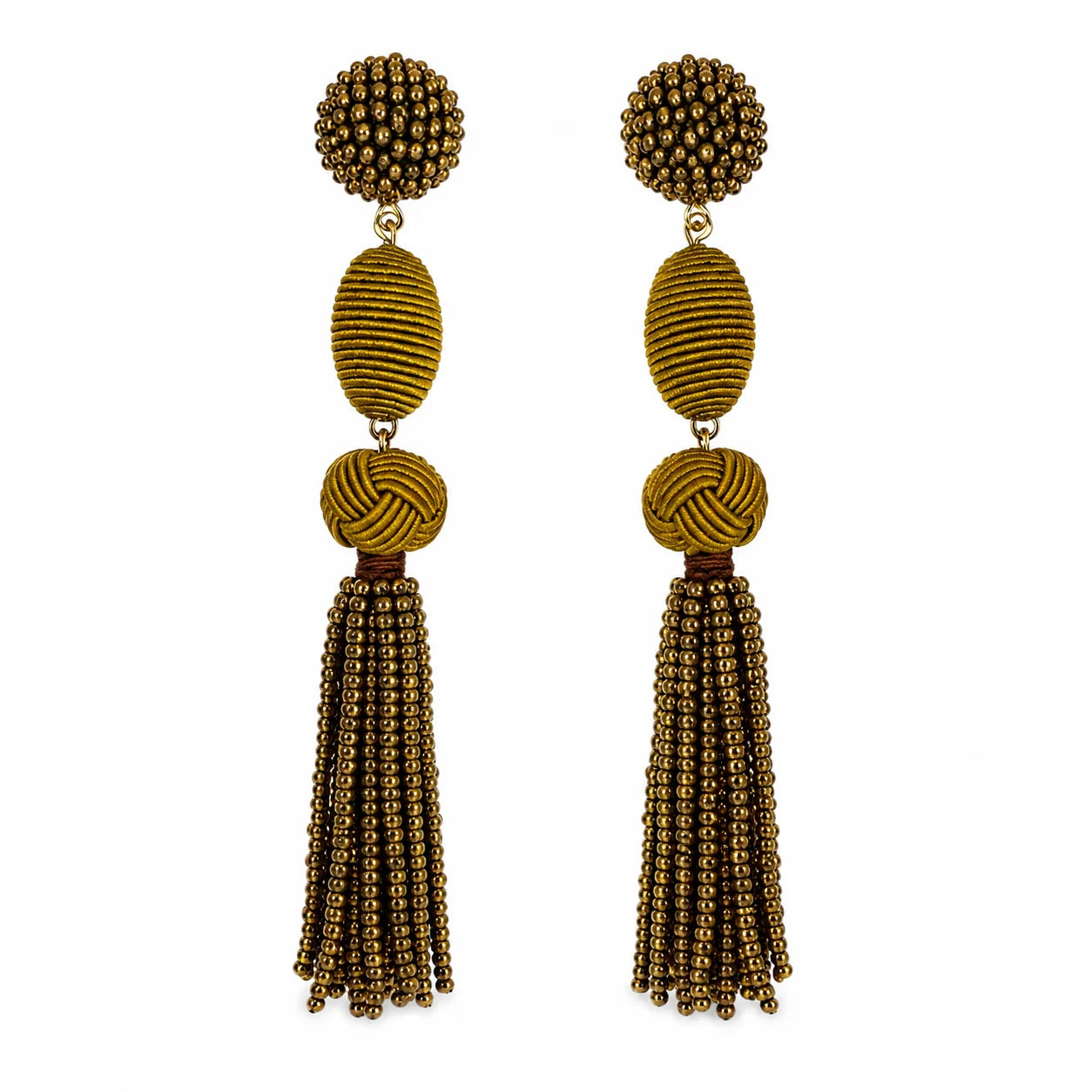 Olive Woven Ball Tassel Earrings
