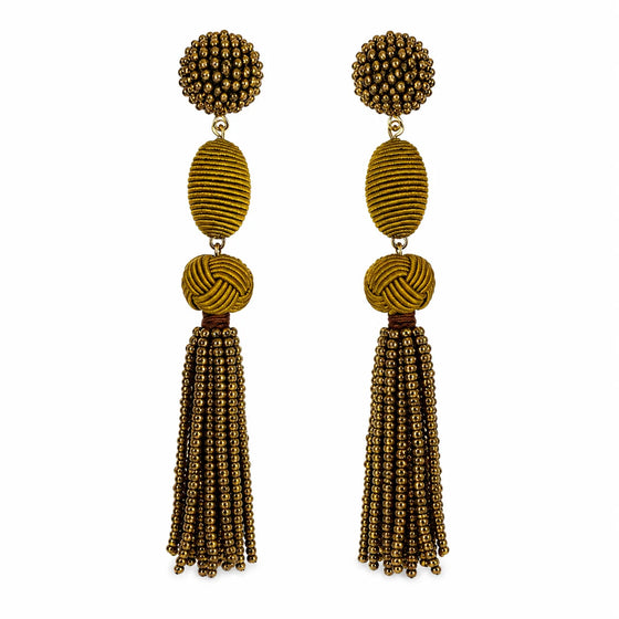 Olive Woven Ball Tassel Earrings