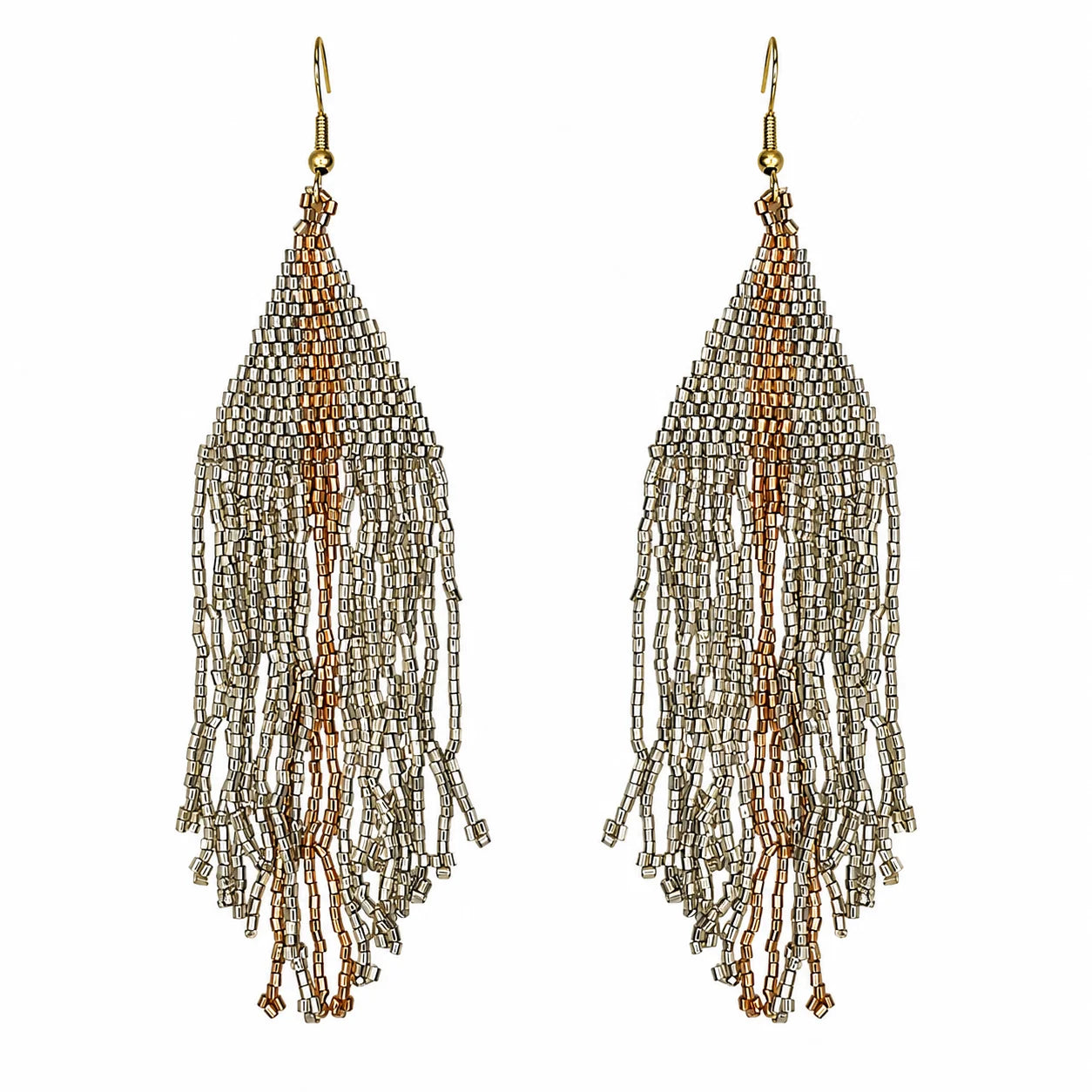 Silver & Bronze Triangle Beaded Fringe Earrings