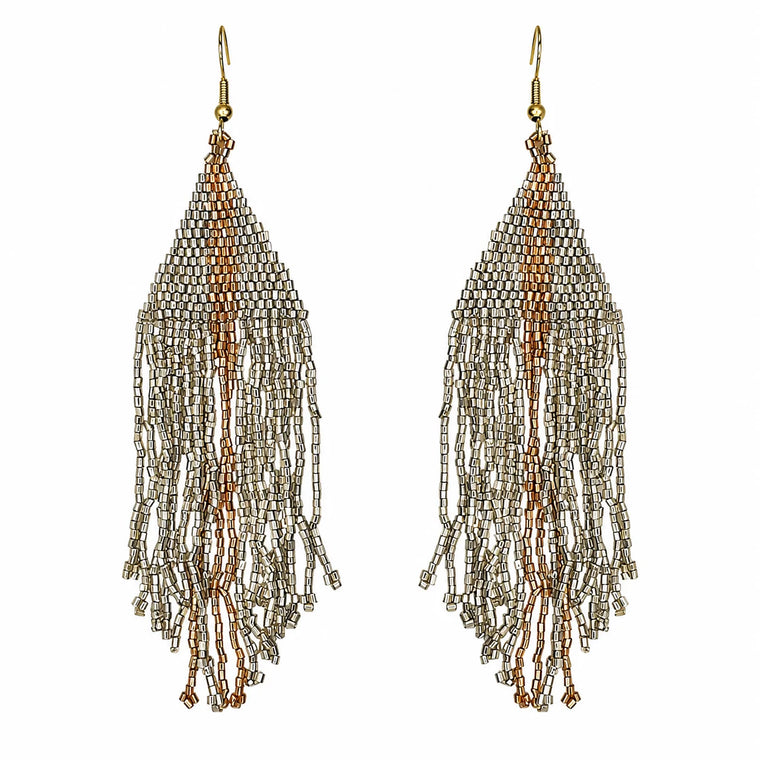 Silver & Bronze Triangle Beaded Fringe Earrings
