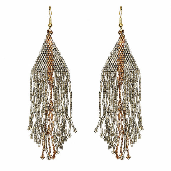 Silver & Bronze Triangle Beaded Fringe Earrings