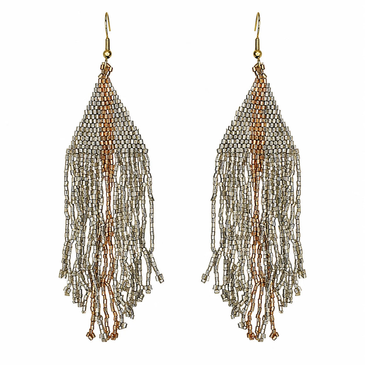 Silver & Bronze Triangle Beaded Fringe Earrings