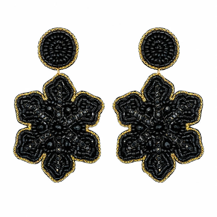 Black Beaded Flower Drop Earrings