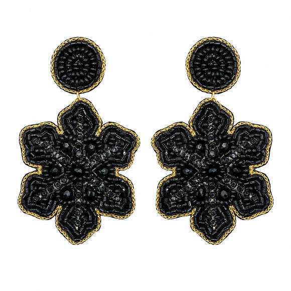Black Beaded Flower Drop Earrings