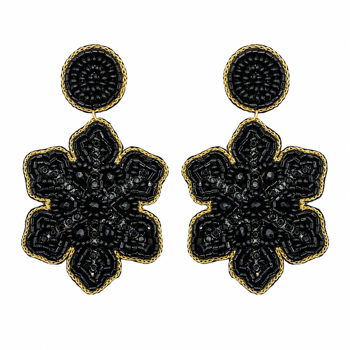 Black Beaded Flower Drop Earrings