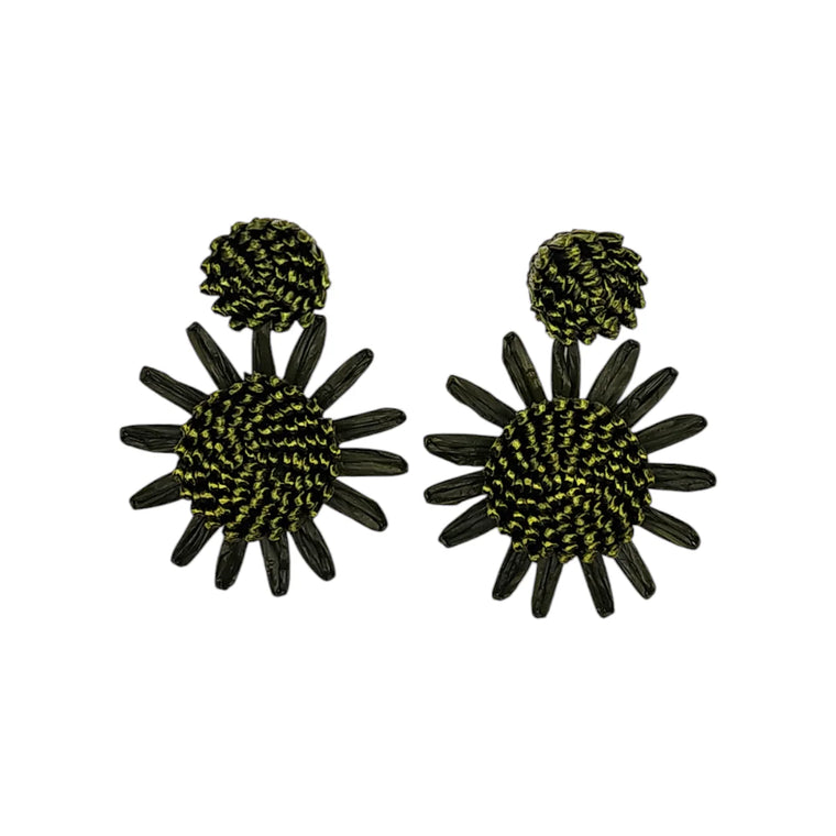 Olive Green Raffia Flower Earrings 