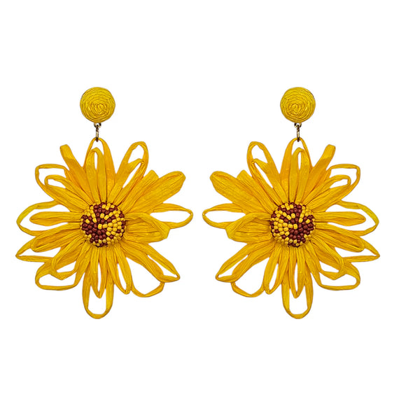Yellow Raffia & Beaded Sunflower Earrings