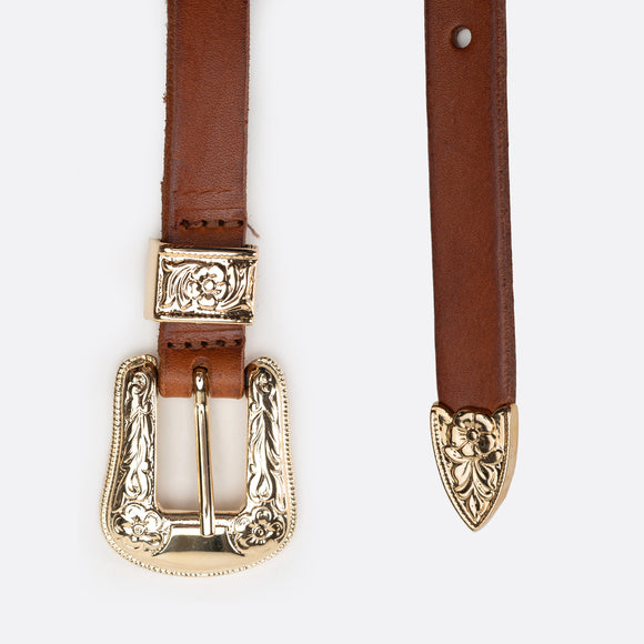 Rosette brown leather slim belt with gold buckle